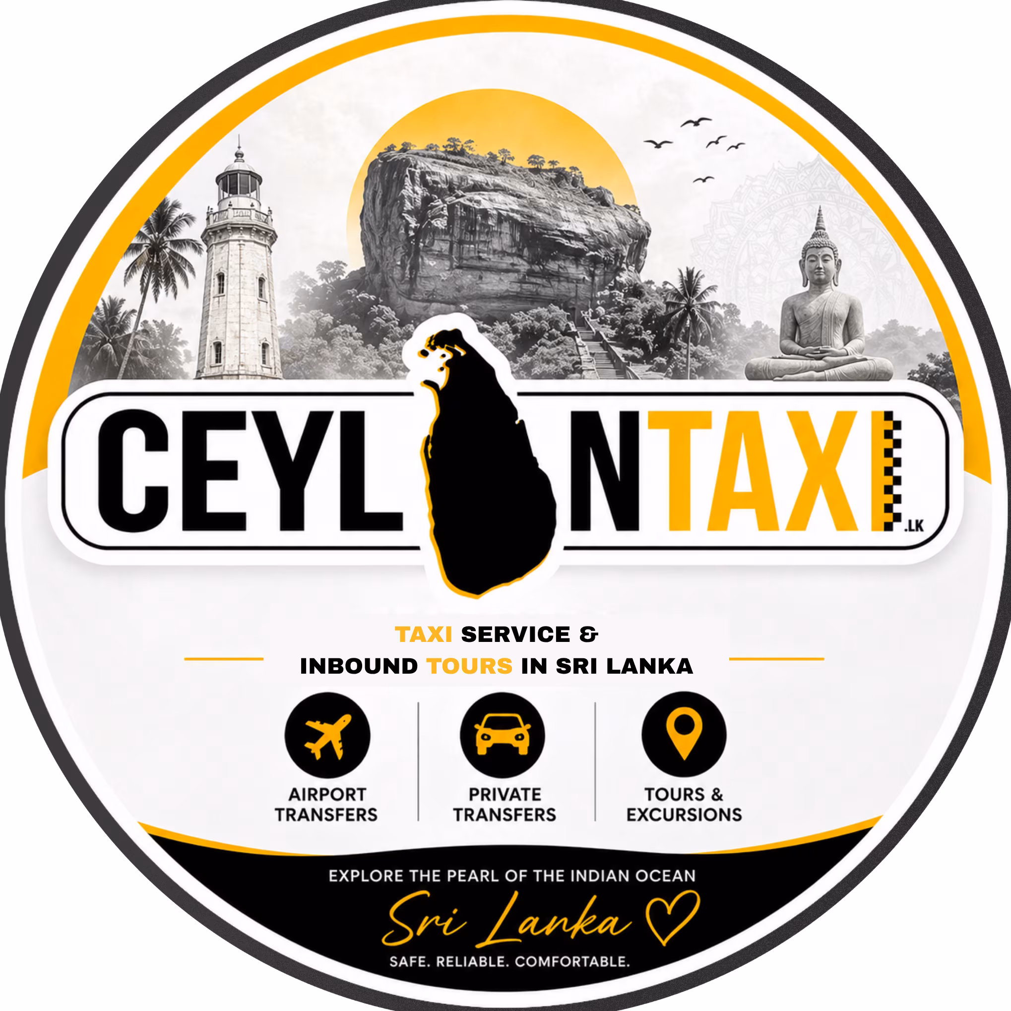 Ceylon Taxi logo badge — airport transfers, private transfers, and tours across Sri Lanka