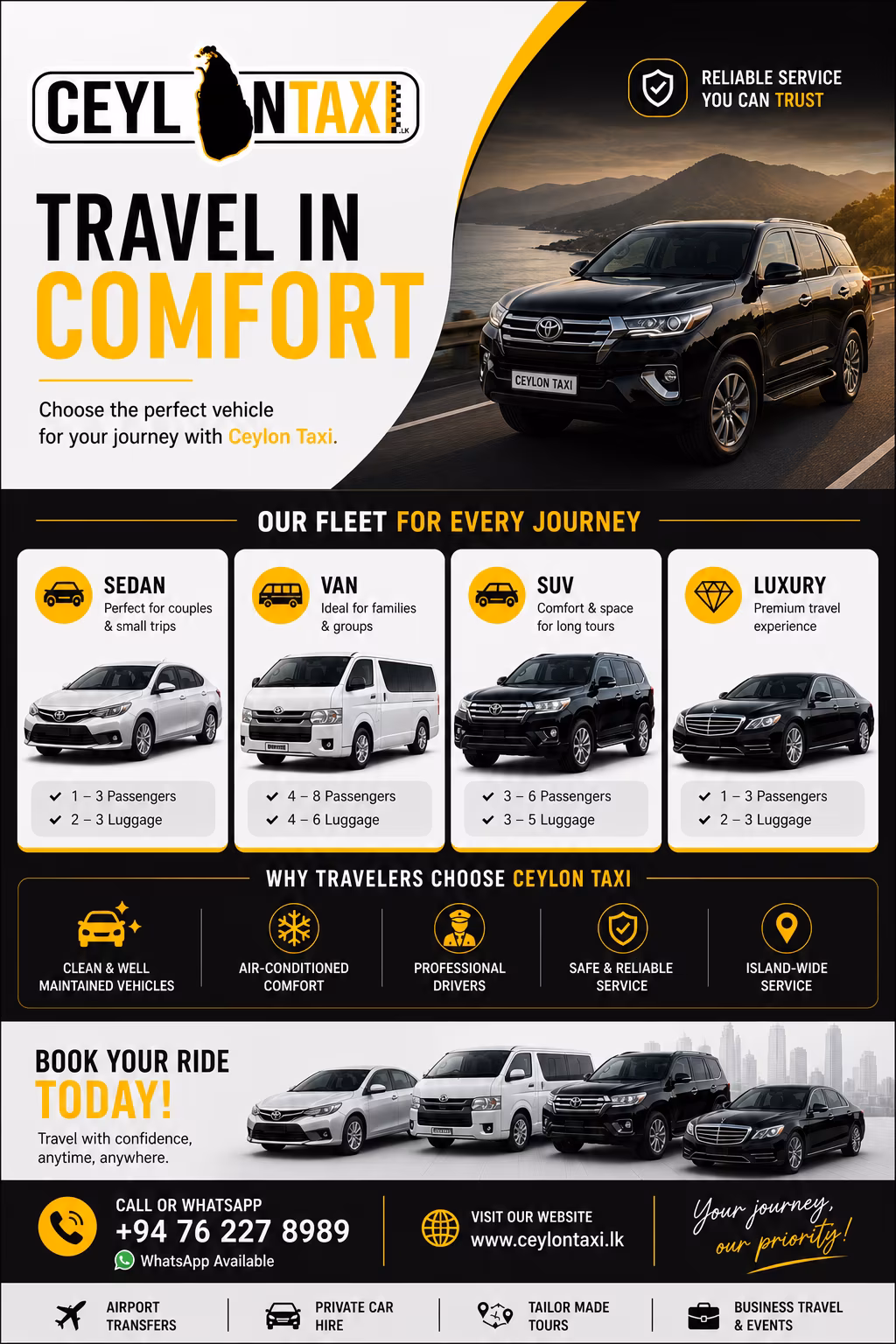 Car and driver hire Sri Lanka – Ceylon Taxi fleet