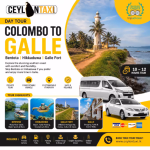 Private Colombo to Galle day tour covering Bentota, Hikkaduwa Beach, Turtle Hatchery, and Galle Fort with Ceylon Taxi Sri Lanka.