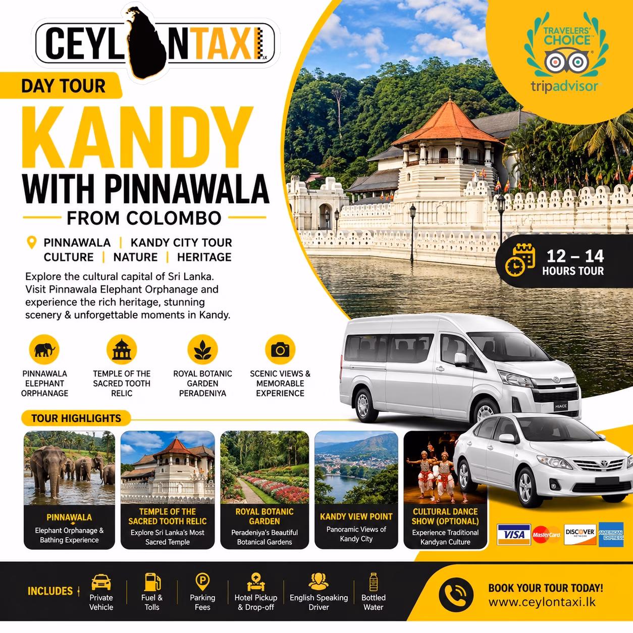 Private Colombo to Kandy day tour featuring Pinnawala Elephant Orphanage, Temple of the Tooth Relic, Royal Botanical Garden, Kandy Lake, and scenic viewpoints.