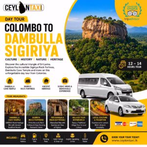Private Colombo to Sigiriya Dambulla Day Tour featuring Sigiriya Rock Fortress, Dambulla Cave Temple, village experiences, and Sri Lanka's Cultural Triangle attractions.