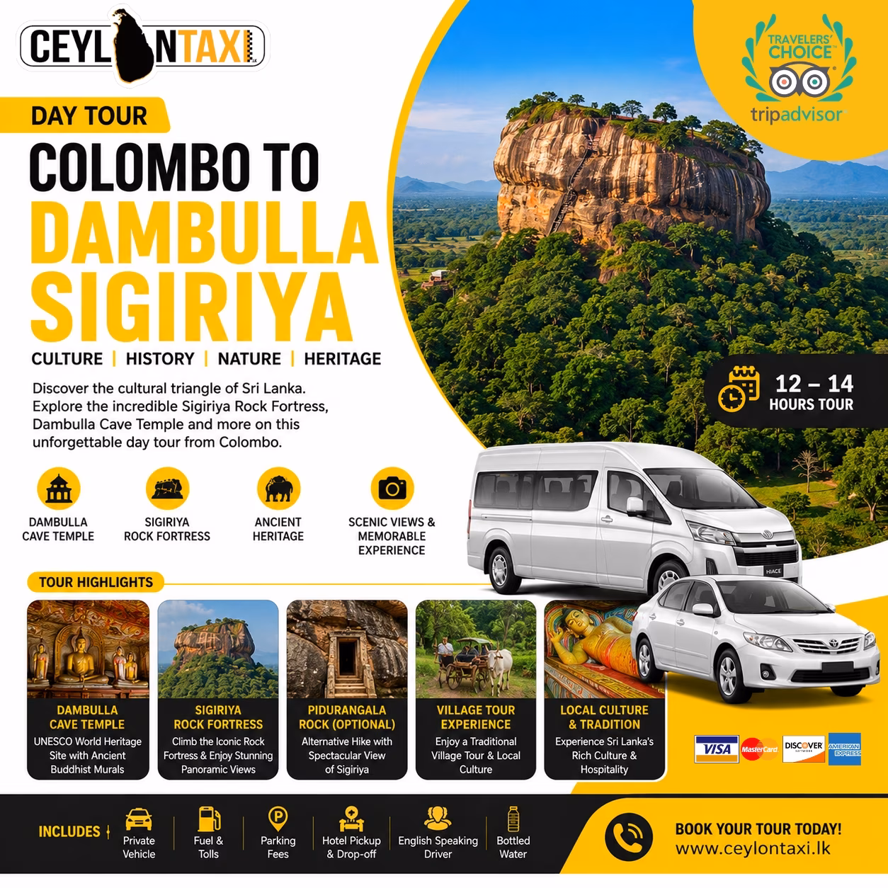 Private Colombo to Sigiriya Dambulla Day Tour featuring Sigiriya Rock Fortress, Dambulla Cave Temple, village experiences, and Sri Lanka's Cultural Triangle attractions.
