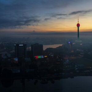 Colombo city skyline with the Lotus Tower at dusk