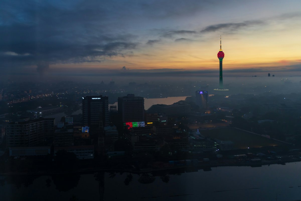 Colombo city skyline with the Lotus Tower at dusk
